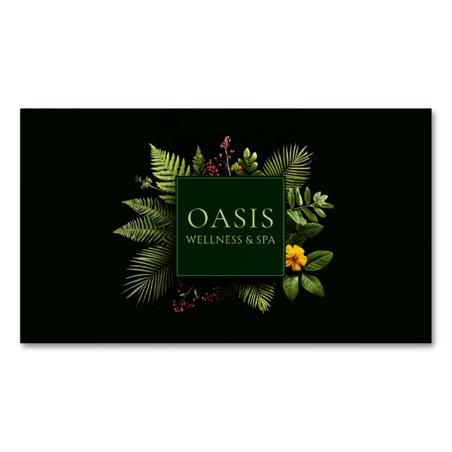 Greenery Yellow Flower Red Berry Black Botanical Magnetic Business Card (Front)