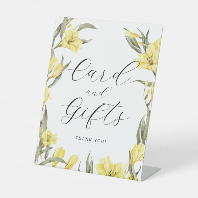 Greenery Yellow Flowers Baby Shower Card Gifts Pedestal Sign (Front)