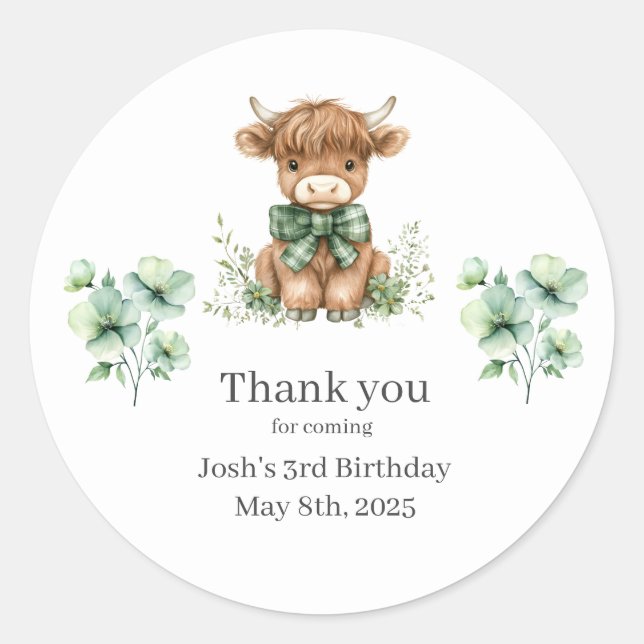 GreenHighland Cow Birthday Party Thank You Sticker (Front)
