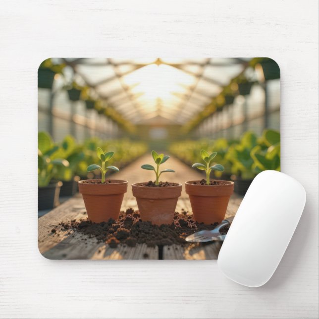 Greenhouse Plant Seedling in a Clay Pots Mouse Pad (With Mouse)