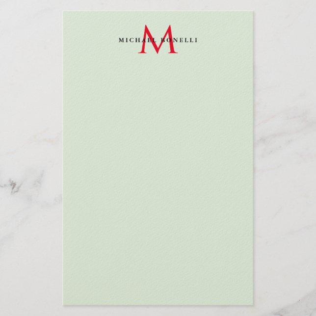 Greenish Grey & Red Monogram Modern Minimalist Stationery (Front)