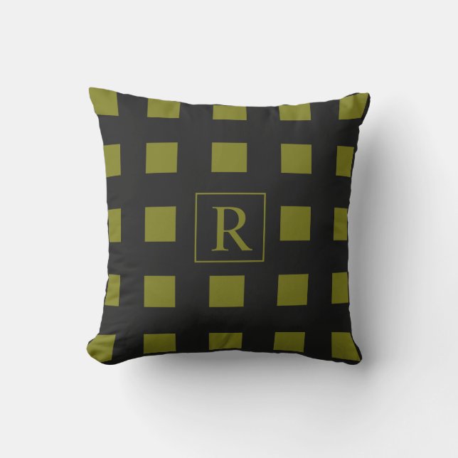 Greenish Yellow Squares Patterns Monograms Black Cushion (Front)