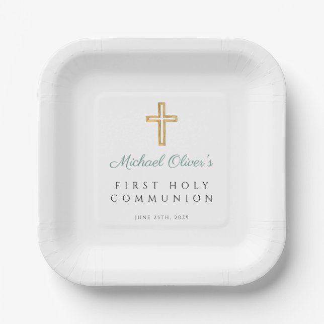 Greenl Religious Cross Girl First Communion Paper Plate (Front)
