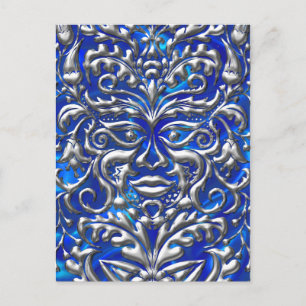 GreenMan liquid silver damask on blue satin print Postcard