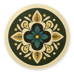 Greens, Gold and Cream Cottagecore Folk Art Ceramic Knob
