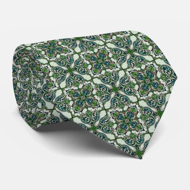 Greens, Teal & Khaki Art Deco Pattern  Tie (Rolled)