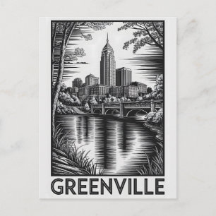 Greenville South Carolina Black White Woodcut Holiday Postcard