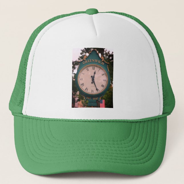 Greenwich Avenue Post Clock, Greenwich, CT Trucker Hat (Front)