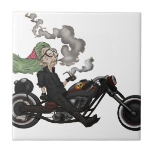 Greeny Granny on motorcycle Tile