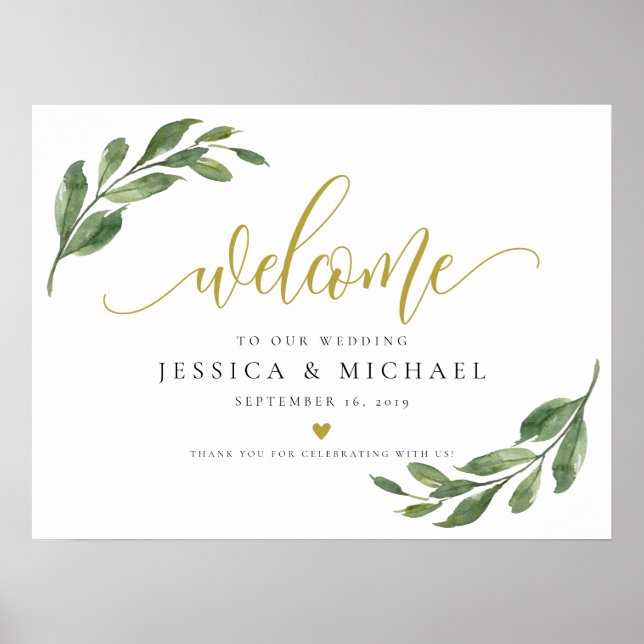 Greeny Leaf calligraphy Welcome Wedding Sign (Front)