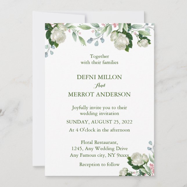 Greeny Watercolor Ivory Floral Wedding Invitation (Front)