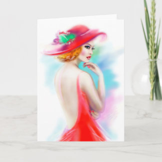 Greeting Card beautiful woman in red hat