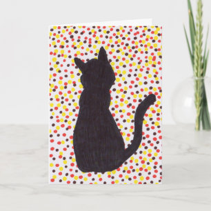 Greeting Card - Black Cat Against Coloured Dots