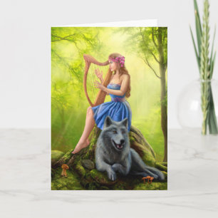 Greeting Card, Fantasy girl fairy and friend wolf Card