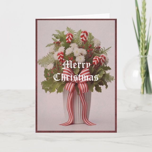 Greeting Card Peppermint Greenery Bow Christmas  (Front)