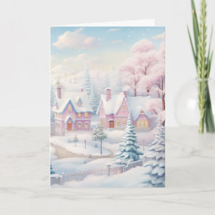 Greeting Card Pink and Snowy Village Holiday Card