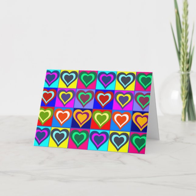Greeting Card - Pop Art Colourful Hearts (Front)