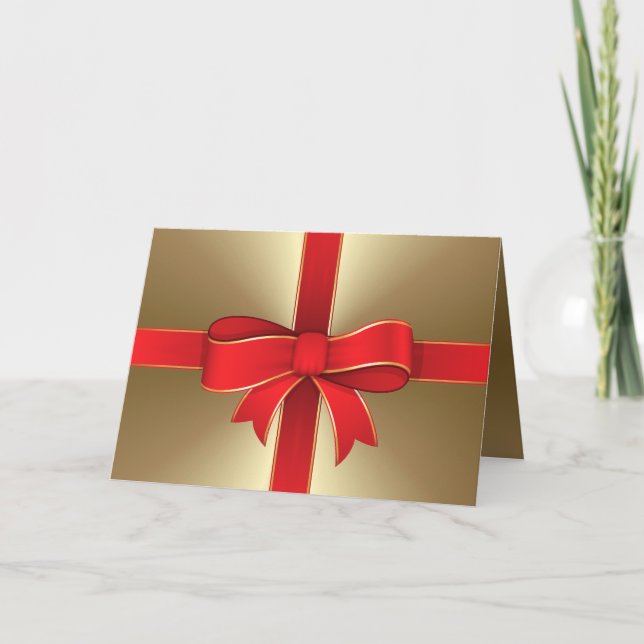 Greeting Card - Red Bow & Ribbon on Gold (Front)