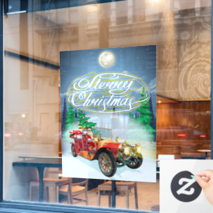 Greeting Christmas card with vintage car and Santa