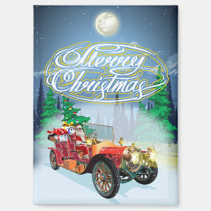 Greeting Christmas card with vintage car and Santa Magnet