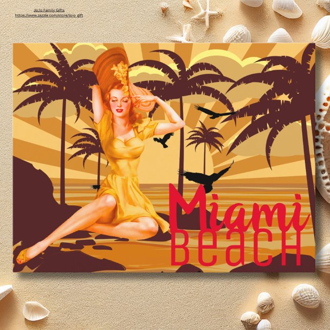 Greeting from Miami Beach beautiful vintage  Postcard (Trendy Miami sunsets beach with beautiful lady.)