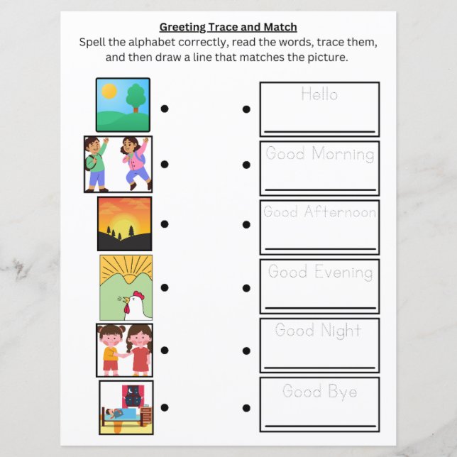 Greeting Trace and Match Worksheet for Kids  (Front)
