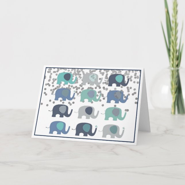 Greetings Card - Blue, Green & Grey Elephants (Front)