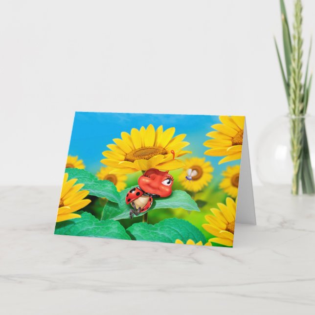 Greetings card sleepy Ladybug sunflowers (Front)