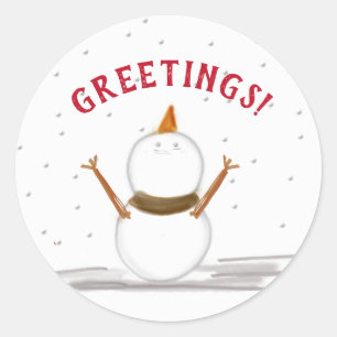 GREETINGS Falling Snow And Snowman  Classic Round Sticker