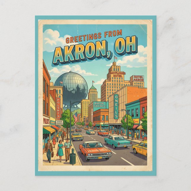Greetings From Akron Ohio Retro Postcard Colourful (Front)