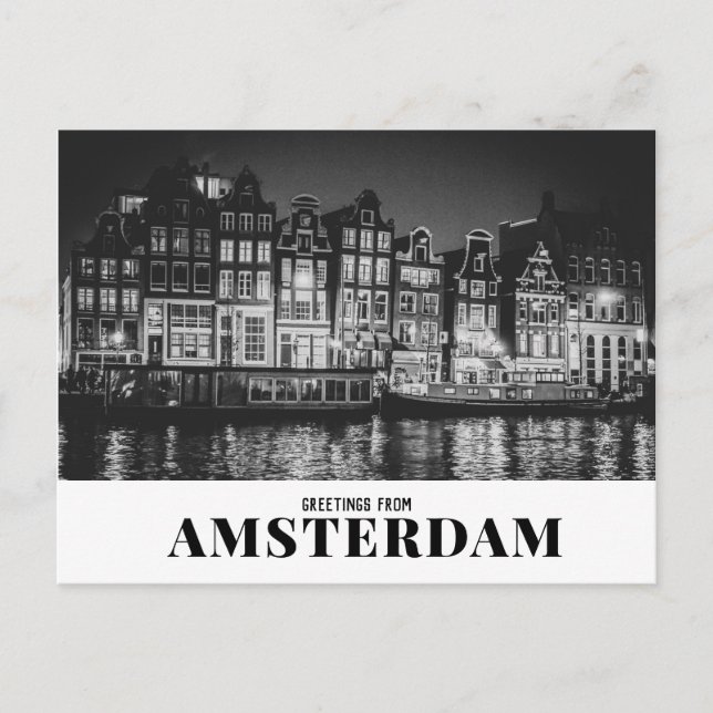 Greetings from Amsterdam Black & White Night Postcard (Front)