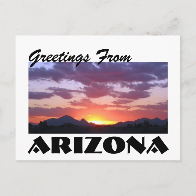Greetings From Arizona! Desert Mountain Sunset Postcard (Front)
