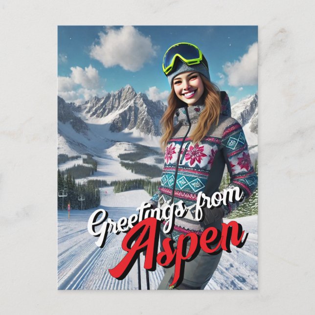 Greetings from Aspen Female Skier  Postcard (Front)