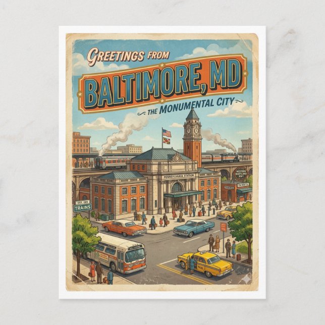 Greetings From Baltimore MD Train Station Retro  Postcard (Front)