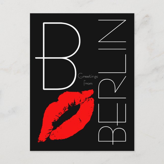 Greetings from Berlin Red Lipstick Kiss Black Postcard (Front)