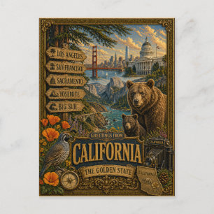 Greetings From California   Vintage Retro Art Postcard