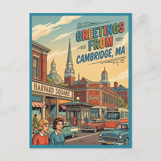 Greetings from Cambridge MA Harvard Square Retro  Postcard (Front)