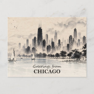Greetings from Chicago Skyline Ink Wash Postcard