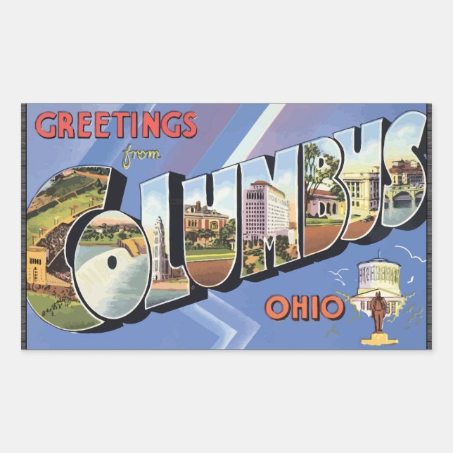 Greetings From Columbus Ohio, Vintage Rectangular Sticker (Front)