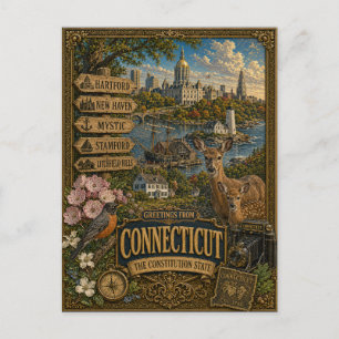 Greetings From Connecticut Vintage Retro Art Postcard