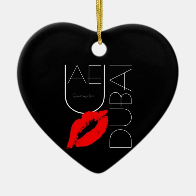 Greetings from Dubai UAE Red Lipstick Kiss Ceramic Tree Decoration (Front)