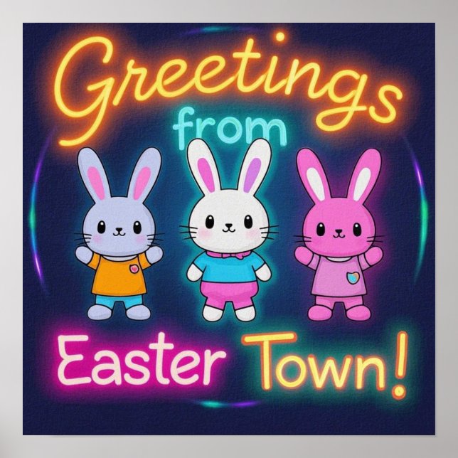 Greetings from Easter Town Colourful Bunnies Poster (Front)