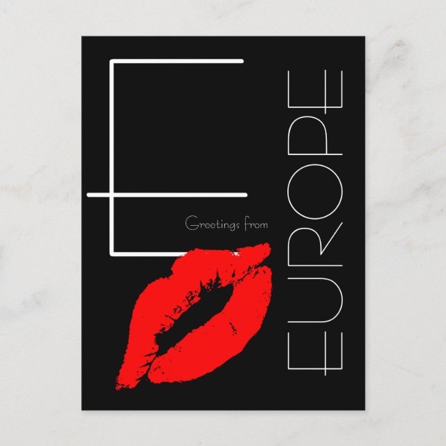 Greetings from Europe Red Lipstick Kiss Black Postcard (Front)
