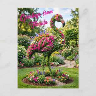 Greetings from Florida Tropical Flamingo Topiary Postcard