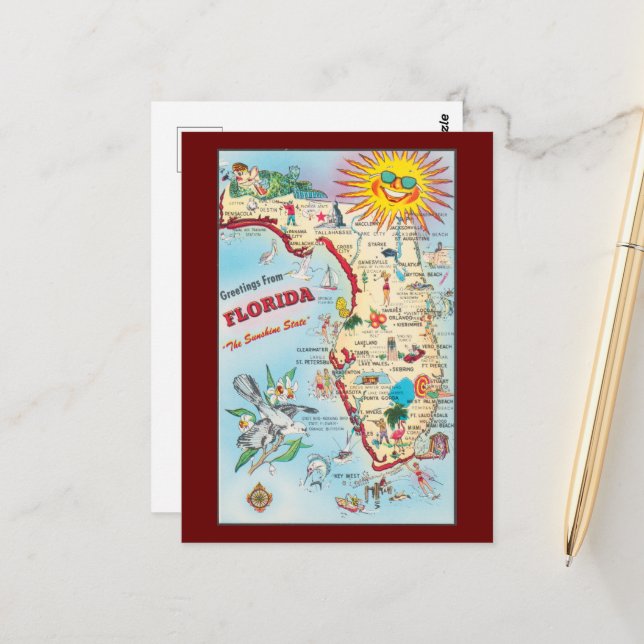 Greetings from Florida, vintage map, Postcard (Front/Back In Situ)