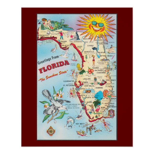 Greetings from Florida, vintage map, Poster (Front)