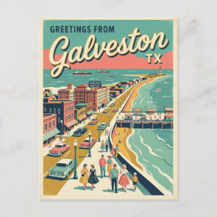 Greetings From Galveston TX Bird’s Eye View Retro  Postcard