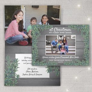 Greetings From Home Christmas Photo Wood Greenery Holiday Card