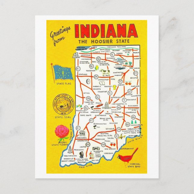 Greetings from Indiana Vintage Map Postcard (Front)