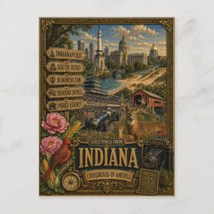 Greetings From Indiana Vintage Retro Art Postcard